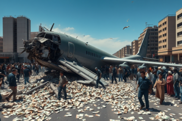 Cédulas de dinheiro espalhadas em uma avenida após a queda de um avião de carga militar, resultando em um trágico acidente com várias vítimas.