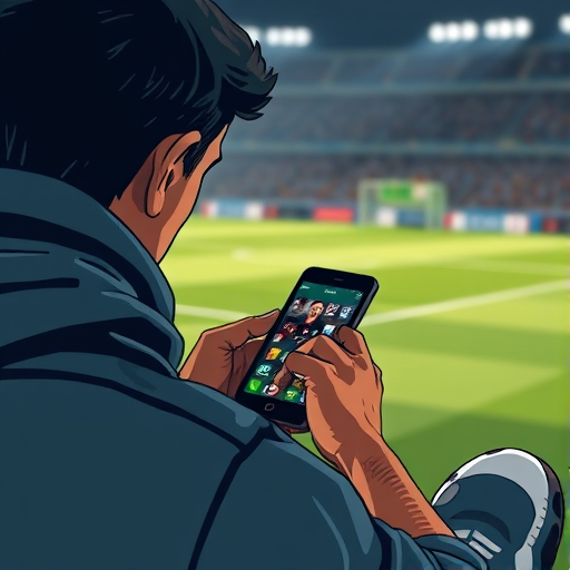 Imagem de um torcedor assistindo futebol no celular