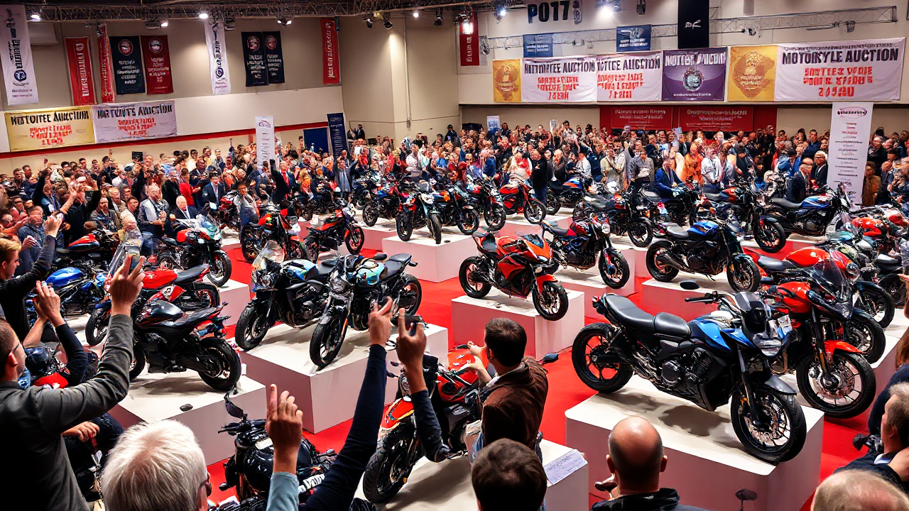 Image d'un leilão de motos avec diverses motocyclettes aux enchères.