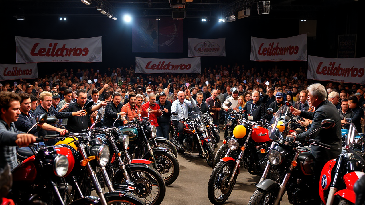 Motos exposées lors d'un événement d'enchères, attirant des acheteurs passionnés.