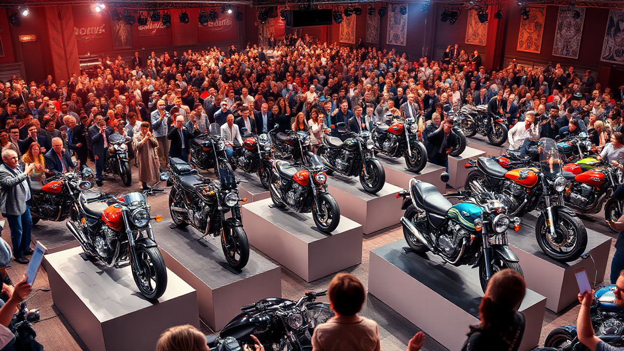 Image d'un leilão de motos, présentant divers modèles de motos à vendre aux enchères.