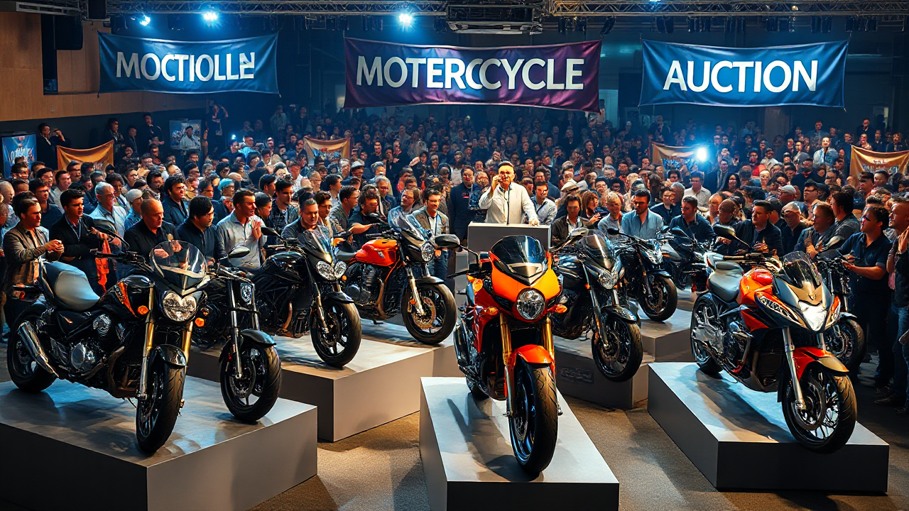 Motos en vente lors d'un leilão captivant.
