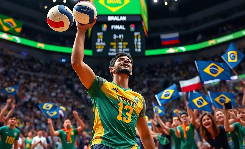 Seleção Brasileira Masculina de Vôlei em ação durante a Liga das Nações, comemorando vitória contra a Polônia.