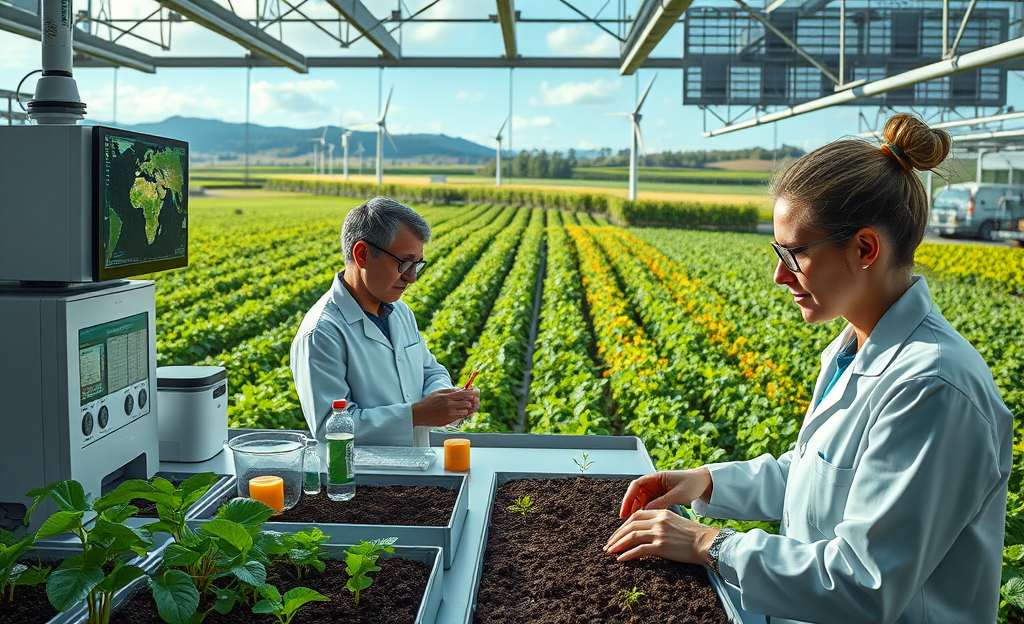 Imagem que representa a integração de tecnologia agrícola e sustentabilidade, destacando inovações climáticas e agtechs que buscam um futuro ambientalmente responsável.