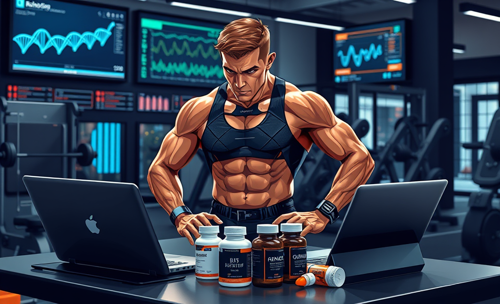 Imagem ilustrativa de biohacking aplicada a atletas de alto rendimento, mostrando dispositivos inteligentes e técnicas de otimização de desempenho.