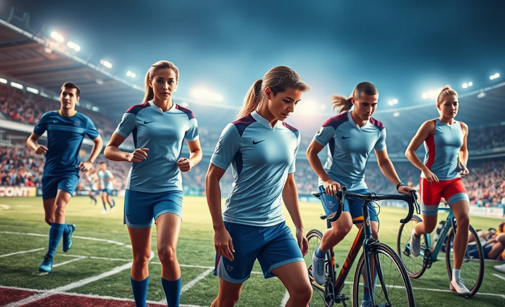 Imagem ilustrativa de uniformes esportivos com tecnologia avançada, destacando inovações como tecidos inteligentes e sensores vestíveis.