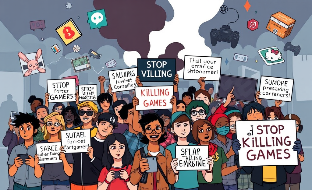 Imagem representativa do movimento Stop Killing Games e sua luta pela preservação dos jogos.