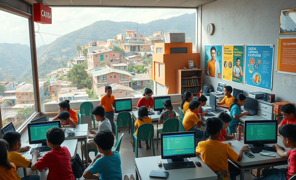 Imagem destacando o projeto de inclusão digital que beneficia crianças e jovens em situação de vulnerabilidade social com o investimento da Caixa.