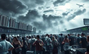 Impacto do ciclone e cancelamento de voos em aeroportos.