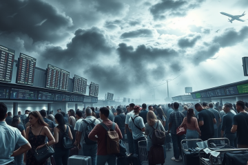 Impacto do ciclone e cancelamento de voos em aeroportos.