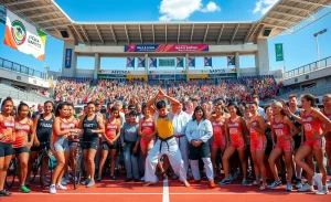 Competidores da Delegação de Santos se preparando para os Jogos Abertos do Interior, destacando atletas de handebol, ciclismo, karatê, e ginástica.