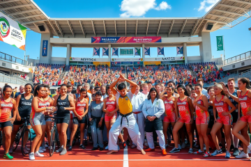 Competidores da Delegação de Santos se preparando para os Jogos Abertos do Interior, destacando atletas de handebol, ciclismo, karatê, e ginástica.