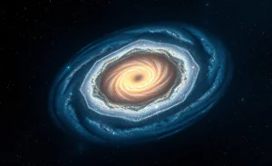 Imagem da galáxia Alaknanda, destacando sua estrutura espiral e núcleo denso de estrelas, capturada pelo telescópio James Webb.