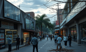 Imagem retratando os efeitos de uma falta de energia no comércio após um ciclone, destacando a perda financeira significativa.