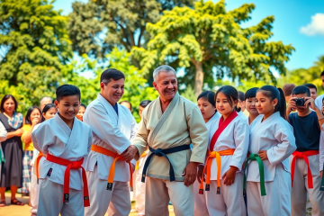 Cerimônia de troca de graduação da turma de judô com alunos, familiares e sensei Fabrício Evangelista, enfatizando a formação de cidadãos e respeito.