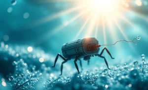 Imagem do menor robô autônomo do mundo, medindo entre 200 e 300 micrômetros, desenvolvido para operar com energia solar e possibilitar tarefas coletivas.