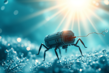 Imagem do menor robô autônomo do mundo, medindo entre 200 e 300 micrômetros, desenvolvido para operar com energia solar e possibilitar tarefas coletivas.