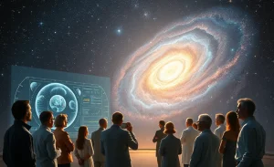 Imagem representativa do debate sobre a existência de um centro no universo, envolvendo a posição dos observadores e a radiação cósmica de fundo.