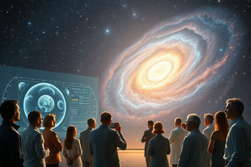 Imagem representativa do debate sobre a existência de um centro no universo, envolvendo a posição dos observadores e a radiação cósmica de fundo.