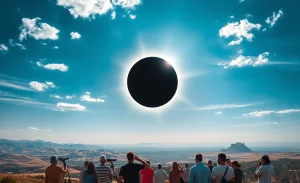Eclipse solar visível em várias regiões do mundo, destacando a totalidade e seus efeitos impressionantes.