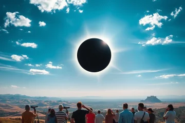 Eclipse solar visível em várias regiões do mundo, destacando a totalidade e seus efeitos impressionantes.