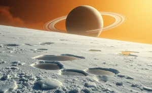 Imagem da lua Titã, mostrando a superfície coberta de gelo granizado e bolsões de água líquida.