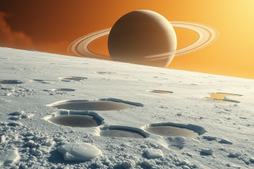 Imagem da lua Titã, mostrando a superfície coberta de gelo granizado e bolsões de água líquida.