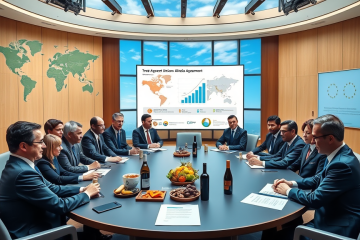 Imagem representativa do Acordo Mercosul e União Europeia, destacando oportunidades no agronegócio e exportações.