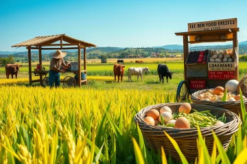 Gráfico mostrando a evolução da inflação de alimentos e preços de itens essenciais como arroz, feijão, e carne no Brasil.