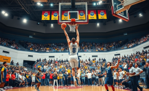 Jogadores do Sesi Franca em ação durante um jogo da BCLA, lutando pela vitória e mantendo a boa fase após 12 vitórias consecutivas no NBB.