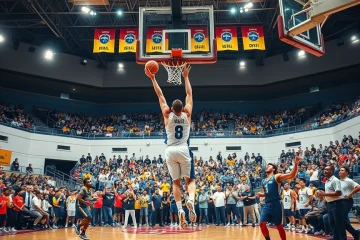 Jogadores do Sesi Franca em ação durante um jogo da BCLA, lutando pela vitória e mantendo a boa fase após 12 vitórias consecutivas no NBB.