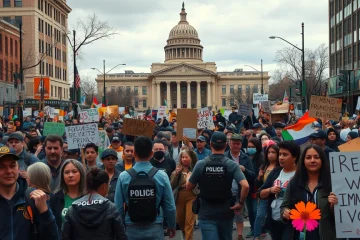 Imagem representativa dos protestos e tensões sociais relacionadas às políticas de imigração e direitos civis.