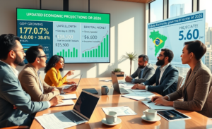 Análise das projeções econômicas para o Brasil, destacando o crescimento do PIB, inflação e incertezas fiscais.