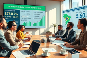 Análise das projeções econômicas para o Brasil, destacando o crescimento do PIB, inflação e incertezas fiscais.