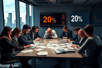 A imagem ilustra as preocupações sobre o impacto da inteligência artificial no emprego e nas finanças, destacando o caso da empresa de pagamentos Block.