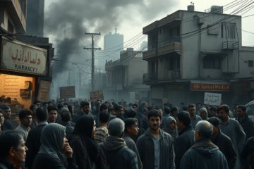 Imagem representativa da crise econômica e social durante o conflito, com símbolos de pânico e desespero na população.