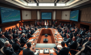 Reunião de líderes mundiais para discutir o impacto da guerra no cenário econômico global.