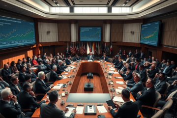 Reunião de líderes mundiais para discutir o impacto da guerra no cenário econômico global.