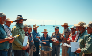 Pescadores artesanais recebendo informações sobre o seguro-defeso e seu benefício durante a proibição da pesca.