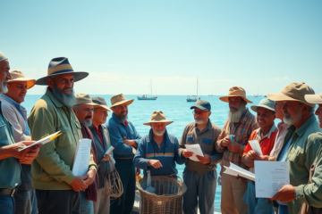 Pescadores artesanais recebendo informações sobre o seguro-defeso e seu benefício durante a proibição da pesca.