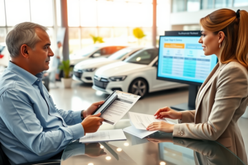 Cliente discutindo opções de financiamento automotivo para baixa pontuação de crédito com consultora em concessionária moderna e iluminada