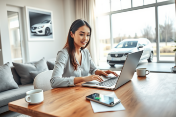 Mulher jovem usando laptop moderno em sala clara para aprovação rápida e prática de financiamento automotivo online