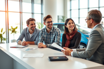 Casal jovem em concessionária moderna avaliando financiamento acessível para primeiro veículo com atendimento amigável
