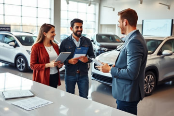 Casal discutindo financiamento de veículo flexível com consultor em showroom moderno, ambiente claro e profissional