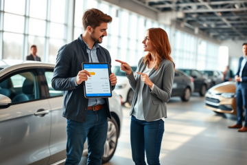 Jovem casal simulando crédito pessoal para financiar carro com pouco dinheiro inicial em concessionária moderna e iluminada