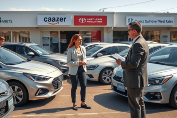 Casal conversando com consultor de financiamento em uma concessionária de carros usados explicando como conseguir juros baixos