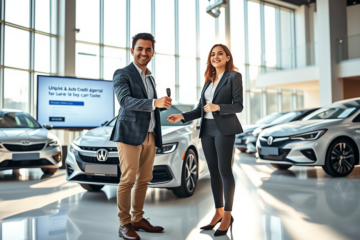 Casal feliz em uma concessionária moderna recebendo as chaves do carro novo com concessionária oferecendo crédito automotivo urgente