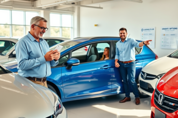 Clientes analisando opções de financiamento para veículo usado em concessionária com pessoas e carros bem iluminados