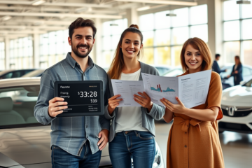 Casal jovem em concessionária moderna avaliando financiamento de automóvel com entrada reduzida para economizar