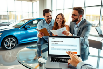 Jovem casal recebendo crédito pré-aprovado para carro em concessionária com consultor financeiro, ambiente moderno e iluminado